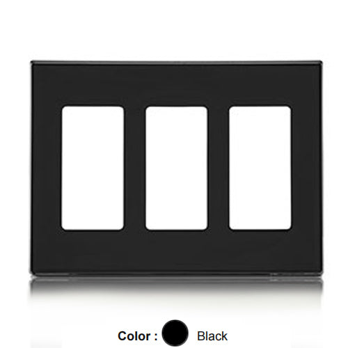 Leviton 80311-SE, 3-Gang Decora Plus Screwless Wallplates with Subplate, Snap-On Mount, Polycarbonate, Black