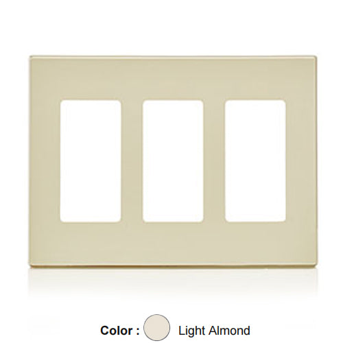 Leviton 80311-ST, 3-Gang Decora Plus Screwless Wallplates with Subplate, Snap-On Mount, Polycarbonate, Light Almond