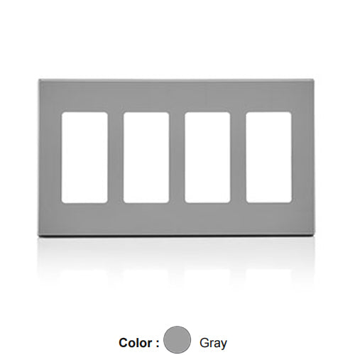 Leviton 80312-GY, 4-Gang Decora Plus Screwless Wallplates with Subplate, Snap-On Mount, Polycarbonate, Gray