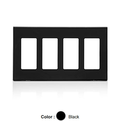 Leviton 80312-SE, 4-Gang Decora Plus Screwless Wallplates with Subplate, Snap-On Mount, Polycarbonate, Black