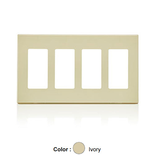 Leviton 80312-SI, 4-Gang Decora Plus Screwless Wallplates with Subplate, Snap-On Mount, Polycarbonate, Ivory