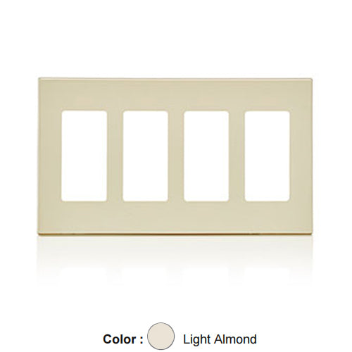 Leviton 80312-ST, 4-Gang Decora Plus Screwless Wallplates with Subplate, Snap-On Mount, Polycarbonate, Light Almond