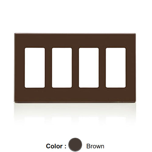Leviton 80312, 4-Gang Decora Plus Screwless Wallplate, Snap-On Mount, Subplate Included, Polycarbonate, Brown
