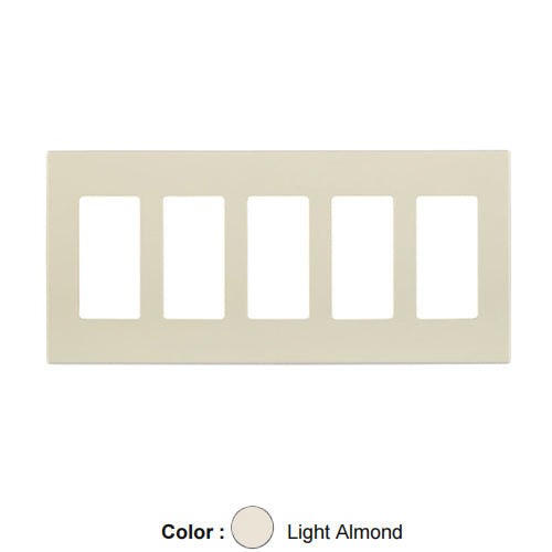 Leviton 80321-ST, 5-Gang Decora Plus Screwless Wallplates with Subplate, Snap-On Mount, Polycarbonate, Light Almond