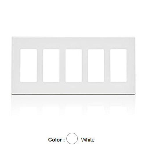 Leviton 80321-SW, 5-Gang Decora Plus Screwless Wallplates with Subplate, Snap-On Mount, Polycarbonate, White