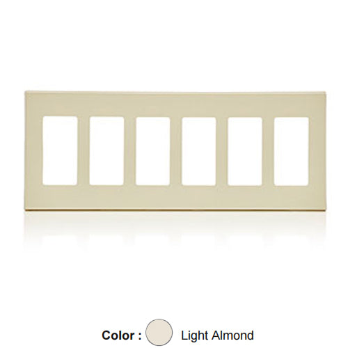 Leviton 80326-ST, 6-Gang Decora Plus Screwless Wallplates with Subplate, Snap-On Mount, Polycarbonate, Light Almond