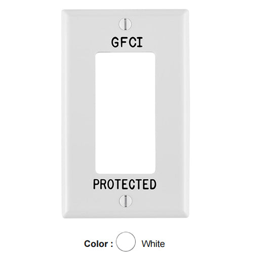 Leviton 80401-GFW, 1-Gang Decora Wallplate, Standard Size, Thermoplastic Nylon, Hot Stamped GFCI Protected, Lettering Size 3/16-Inch, White