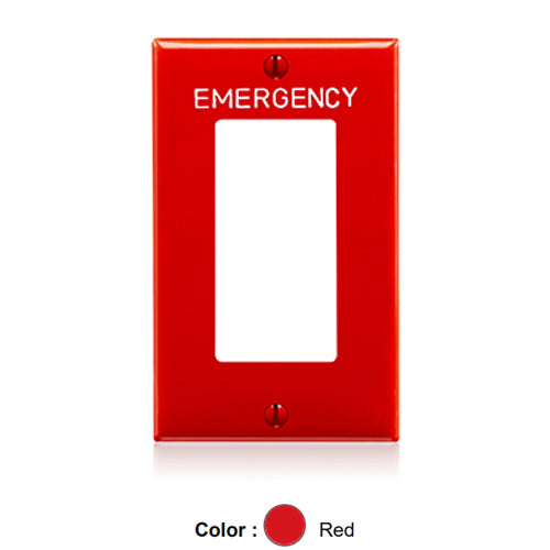 Leviton 80401-REW, 1-Gang Decora Duplex Receptacle Wallplate, Standard Size, Thermoplastic Nylon, Hot Stamped Emergency, White Lettering Size 3/16-Inch, Red