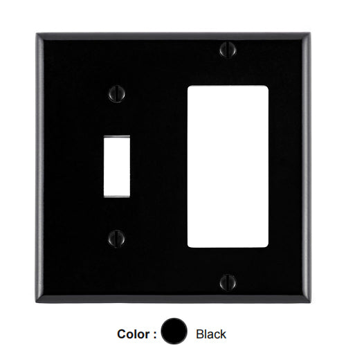 Leviton 80405-E, 2-Gang 1-Toggle and 1-Decora/GFCI Device Combination Wallplate, Standard Size, Thermoset, Device Mount, Black