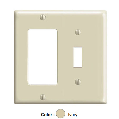 Leviton 80405-I, 2-Gang 1-Toggle and 1-Decora/GFCI Device Combination Wallplate, Standard Size, Thermoset, Device Mount, Ivory
