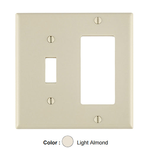 Leviton 80405-T, 2-Gang 1-Toggle and 1-Decora/GFCI Device Combination Wallplate, Standard Size, Thermoset, Device Mount, Light Almond