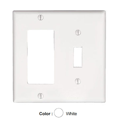 Leviton 80405-W, 2-Gang 1-Toggle and 1-Decora/GFCI Device Combination Wallplate, Standard Size, Thermoset, Device Mount, White