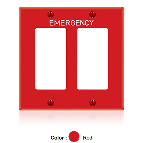 Leviton 80409-REW, 2-Gang Decora Duplex Receptacle Wallplate, Standard Size, Thermoplastic Nylon, Hot Stamped Emergency, White Lettering Size 3/16-Inch, Red