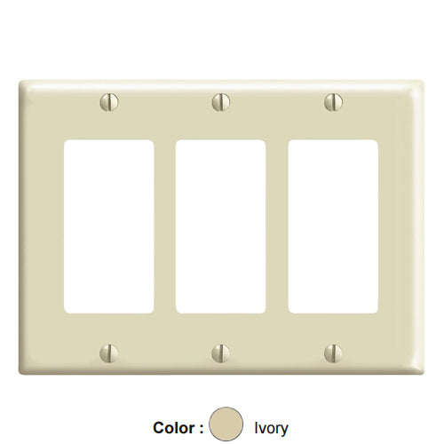 Leviton 80411-CNI, 3-Gang Decora Duplex Wallplate for 347V Applications, Ivory