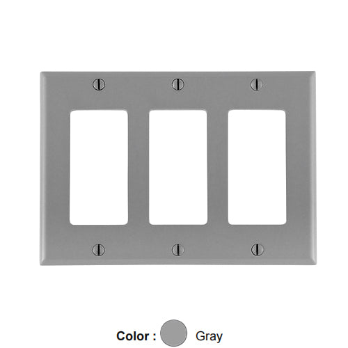 Leviton PJ263-GY, 3-Gang Decora/GFCI Device Decora Wallplate, Midway Size, Thermoplastic Nylon, Device Mount, Gray, 2 Packs