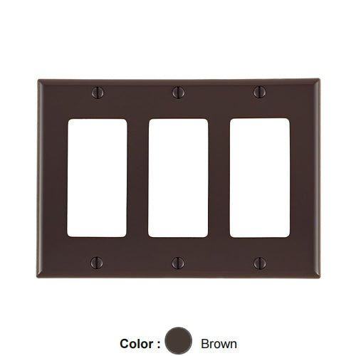 Leviton PJ263-B, 3-Gang Decora/GFCI Device Decora Wallplate, Midway Size, Thermoplastic Nylon, Device Mount, Brown
