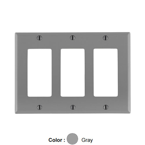 Leviton 80411-NGY, 3-Gang Decora/GFCI Device Decora Wallplate, Standard Size, Thermoplastic Nylon, Device Mount, Gray, 3 Packs