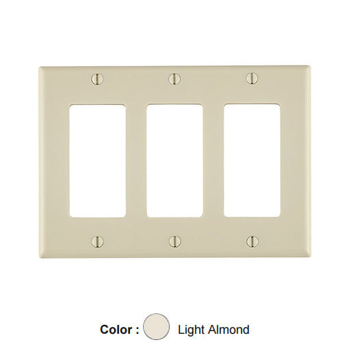 Leviton 80411-T, 3-Gang Decora/GFCI Device Decora Wallplate, Standard Size, Thermoset, Device Mount, Light Almond, 3 Packs