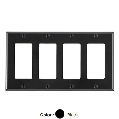 Leviton PJ264-E, 4-Gang Decora/GFCI Device Decora Wallplate, Midway Size, Thermoplastic Nylon, Device Mount, Black