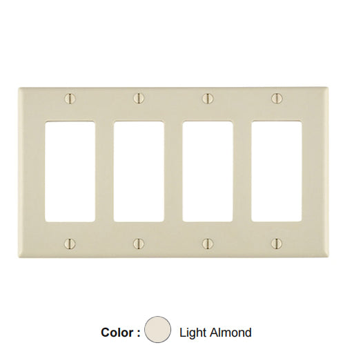 Leviton 80412-T, 4-Gang Decora/GFCI Device Decora Wallplate, Standard Size, Thermoset, Device Mount, Light Almond, 2 Packs