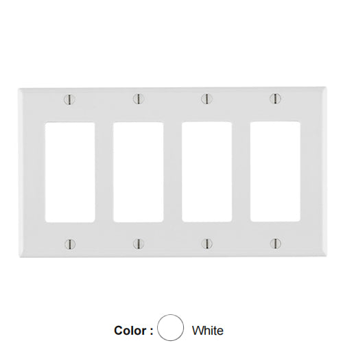 Leviton 80412-W, 4-Gang Decora/GFCI Device Decora Wallplate, Standard Size, Thermoset, Device Mount, White, 2 Packs