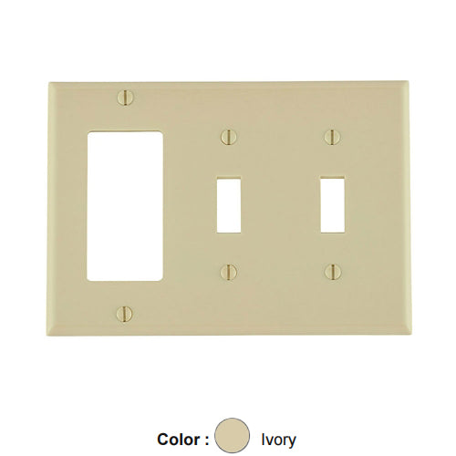 Leviton 80421-I, 3-Gang 2-Toggle and 1-Decora/GFCI Device Combination Wallplate, Standard Size, Thermoset, Device Mount, Ivory