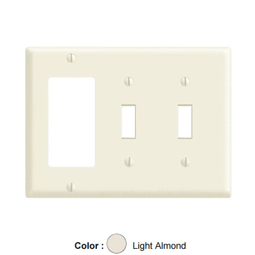 Leviton 80421-T, 3-Gang 2-Toggle and 1-Decora/GFCI Device Combination Wallplate, Standard Size, Thermoset, Device Mount, Light Almond