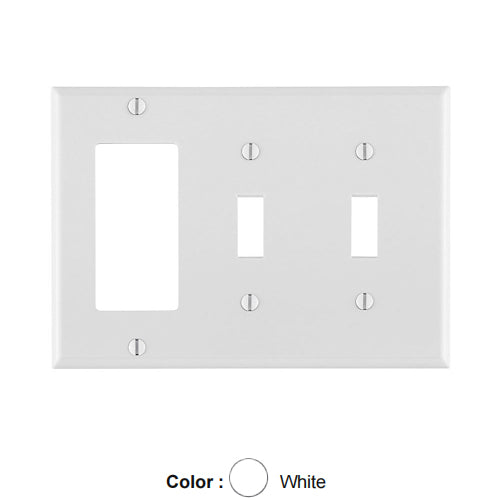 Leviton 80421-W, 3-Gang 2-Toggle and 1-Decora/GFCI Device Combination Wallplate, Standard Size, Thermoset, Device Mount, White