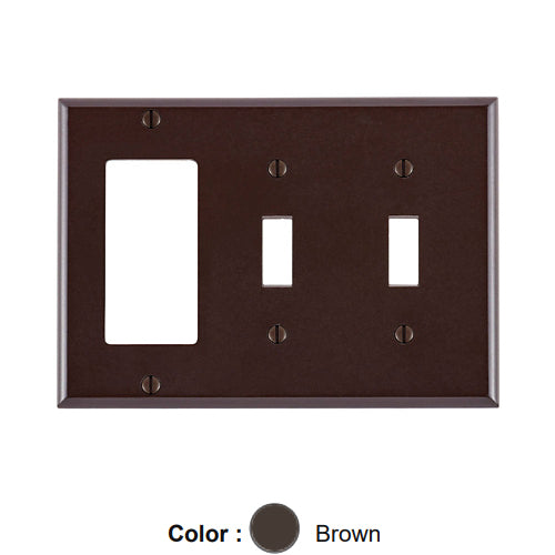 Leviton 80421, 3-Gang 2-Toggle and 1-Decora/GFCI Device Combination Wallplate, Standard Size, Thermoset, Device Mount, Brown