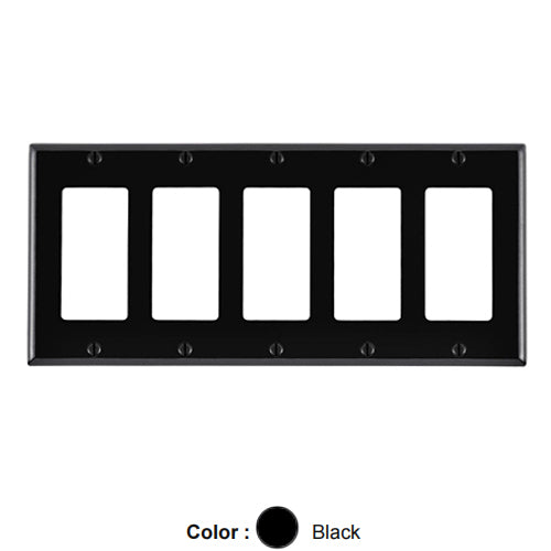 Leviton 80423-E, 5-Gang Decora/GFCI Device Decora Wallplate, Standard Size, Thermoset, Device Mount, Black