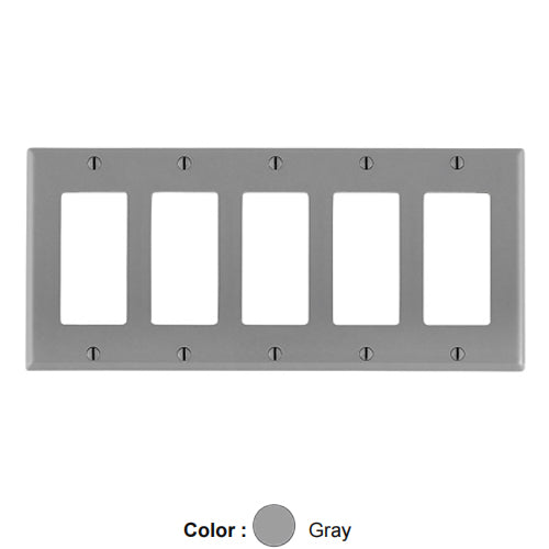 Leviton 80423-GY, 5-Gang Decora/GFCI Device Decora Wallplate, Standard Size, Thermoset, Device Mount, Gray