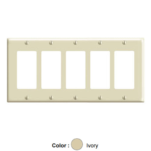 Leviton 80423-I, 5-Gang Decora/GFCI Device Decora Wallplate, Standard Size, Thermoset, Device Mount, Ivory