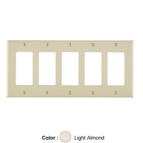 Leviton 80423-NT, 5-Gang Decora/GFCI Device Decora Wallplate, Standard Size, Thermoplastic Nylon, Device Mount, Light Almond