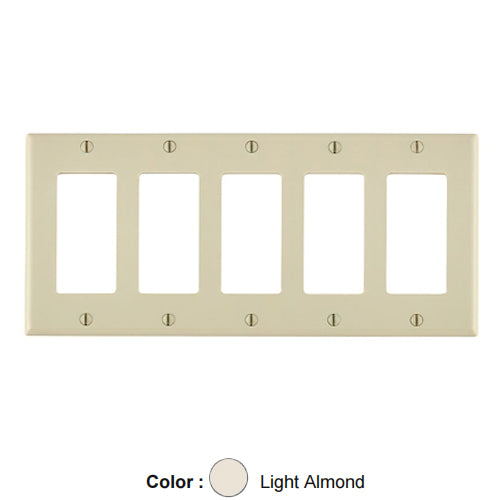Leviton 80423-T, 5-Gang Decora/GFCI Device Decora Wallplate, Standard Size, Thermoset, Device Mount, Light Almond