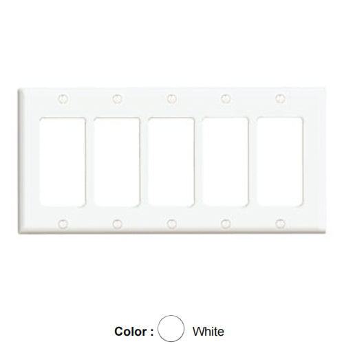 Leviton 80423-W, 5-Gang Decora/GFCI Device Decora Wallplate, Standard Size, Thermoset, Device Mount, White