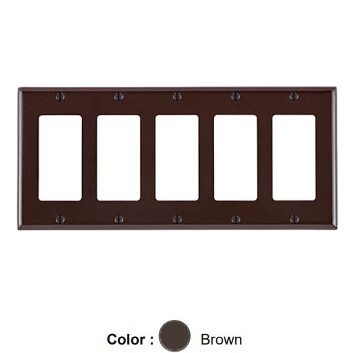 Leviton 80423, 5-Gang Decora/GFCI Device Decora Wallplate, Standard Size, Thermoset, Device Mount, Brown
