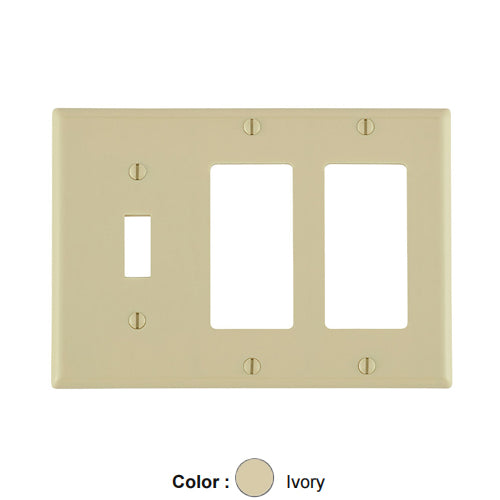 Leviton 80431-I, 3-Gang 1-Toggle and 2-Decora/GFCI Device Combination Wallplate, Standard Size, Thermoset, Device Mount, Ivory