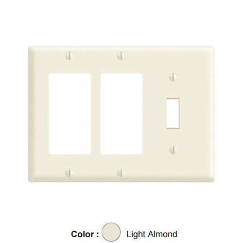 Leviton 80431-T, 3-Gang 1-Toggle and 2-Decora/GFCI Device Combination Wallplate, Standard Size, Thermoset, Device Mount, Light Almond
