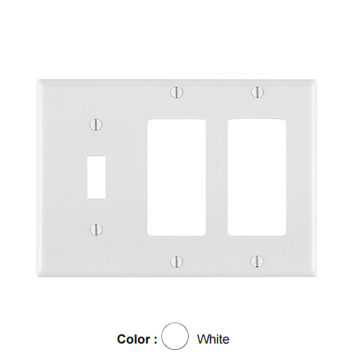 Leviton 80431-W, 3-Gang 1-Toggle and 2-Decora/GFCI Device Combination Wallplate, Standard Size, Thermoset, Device Mount, White