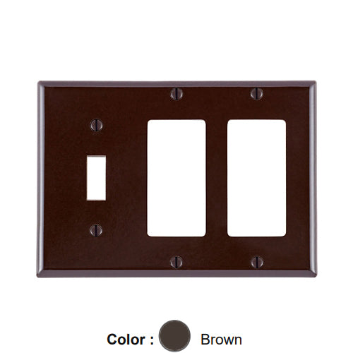 Leviton 80431, 3-Gang 1-Toggle and 2-Decora/GFCI Device Combination Wallplate, Standard Size, Thermoset, Device Mount, Brown