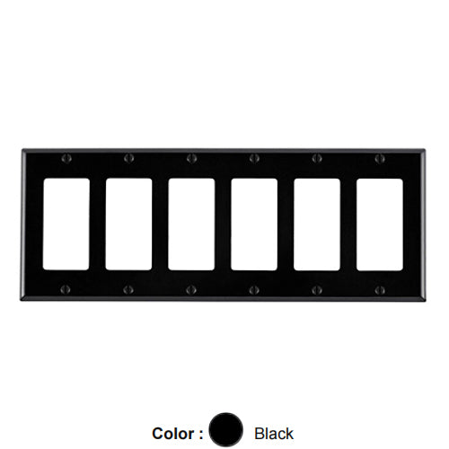 Leviton 80436-E, 6-Gang Decora/GFCI Device Decora Wallplate, Standard Size, Thermoset, Device Mount, Black