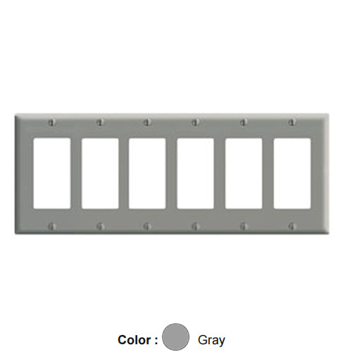 Leviton 80436-GY, 6-Gang Decora/GFCI Device Decora Wallplate, Standard Size, Thermoset, Device Mount, Gray