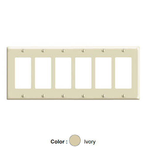 Leviton 80436-I, 6-Gang Decora/GFCI Device Decora Wallplate, Standard Size, Thermoset, Device Mount, Ivory