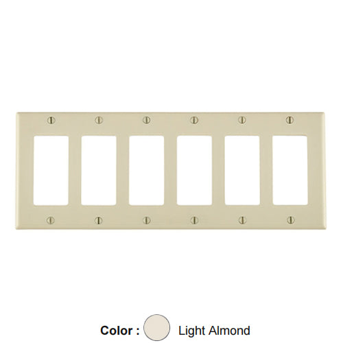 Leviton 80436-T, 6-Gang Decora/GFCI Device Decora Wallplate, Standard Size, Thermoset, Device Mount, Light Almond