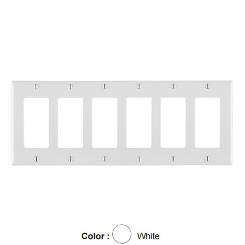 Leviton 80436-W, 6-Gang Decora/GFCI Device Decora Wallplate, Standard Size, Thermoset, Device Mount, White