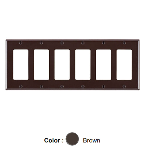 Leviton 80436, 6-Gang Decora/GFCI Device Decora Wallplate, Standard Size, Thermoset, Device Mount, Brown