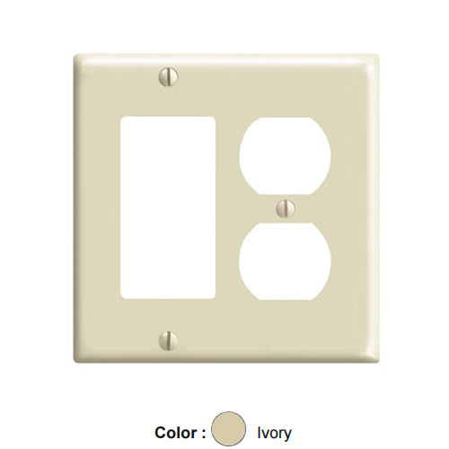 Leviton 80455-I, 2-Gang 1-Duplex and 1-Decora/GFCI Device Combination Wallplate, Standard Size, Thermoset, Device Mount, Ivory
