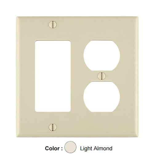 Leviton 80455-T, 2-Gang 1-Duplex and 1-Decora/GFCI Device Combination Wallplate, Standard Size, Thermoset, Device Mount, Light Almond