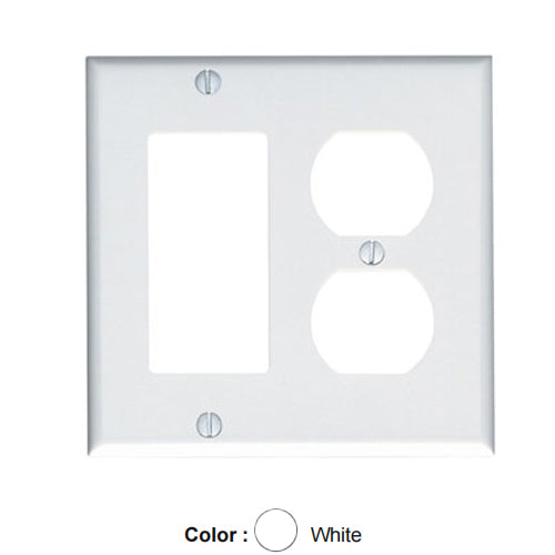 Leviton 80455-W, 2-Gang 1-Duplex and 1-Decora/GFCI Device Combination Wallplate, Standard Size, Thermoset, Device Mount, White