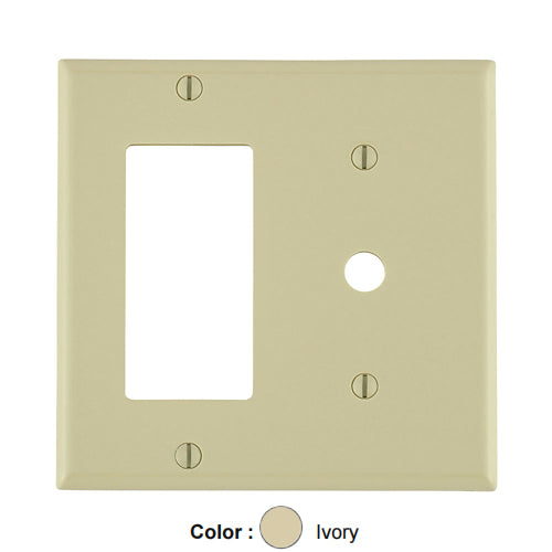 Leviton 80479-I, 2-Gang 1-Decora and 1-Telephone/Cable 0.406 Inch Hole Device Combination Wallplate, Standard Size, Thermoset, Strap Mount, Ivory